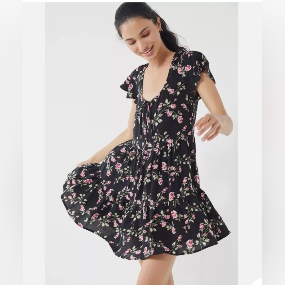 Urban Outfitters Black Rose Tiered Babydoll Dress Size XS